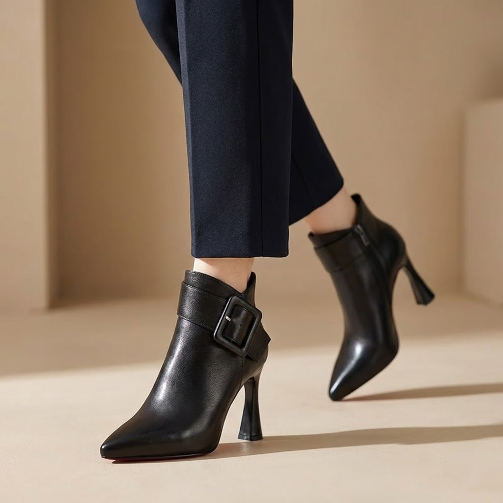 STIVALETTI CON TACCO E FIBBIA OVERSIZE