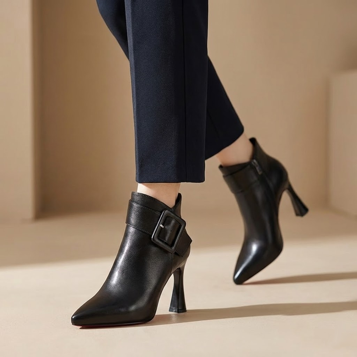 STIVALETTI CON TACCO E FIBBIA OVERSIZE