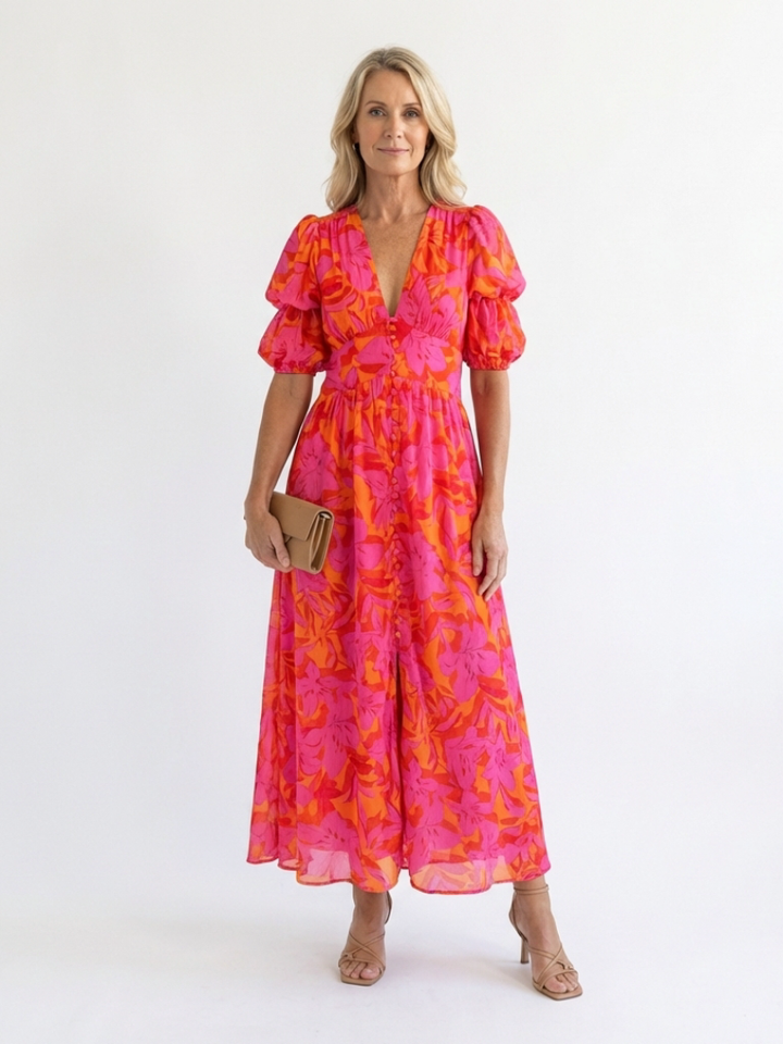 Willow | Abito Midi a V con Maniche a Palloncino