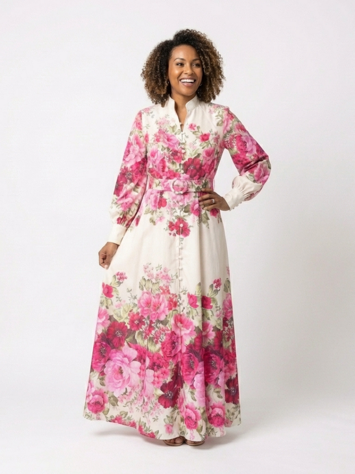 Kennedy | Abito Maxi Floral con Maniche Lunghe e Cintura