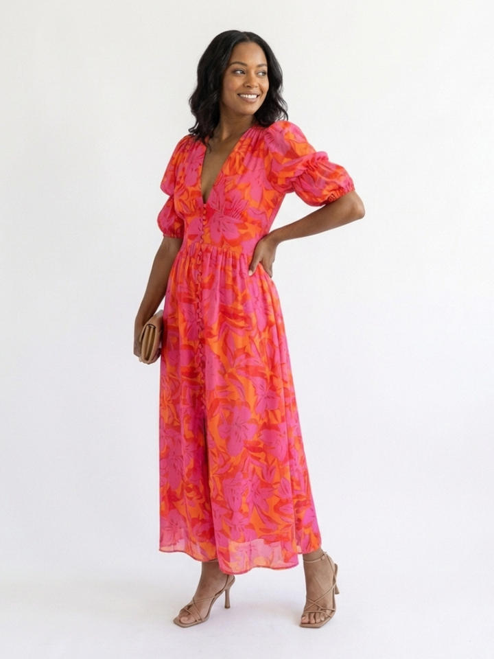 Willow | Abito Midi a V con Maniche a Palloncino