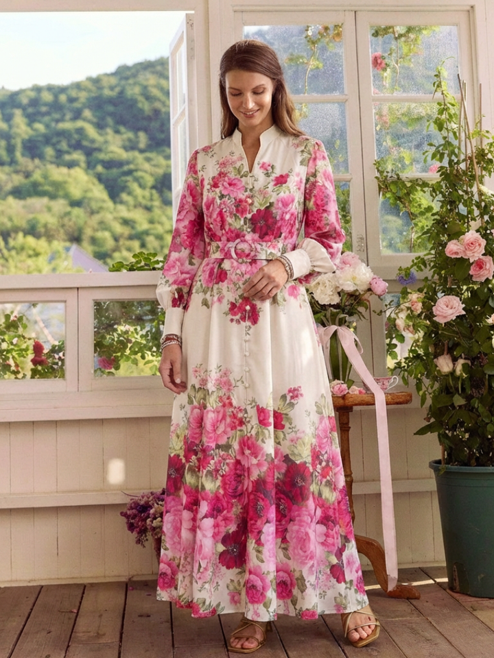 Kennedy | Abito Maxi Floral con Maniche Lunghe e Cintura