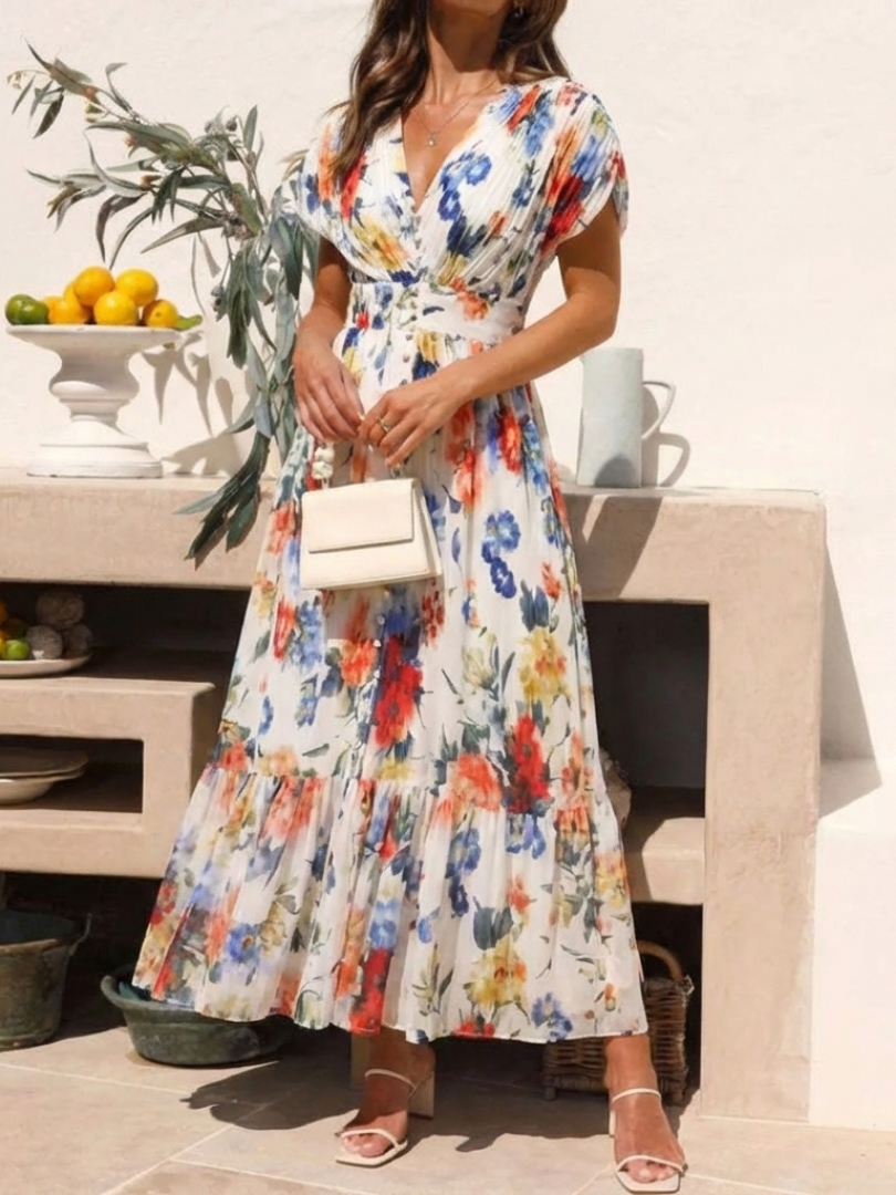 Savannah | Abito midi floreale a maniche corte con pieghe