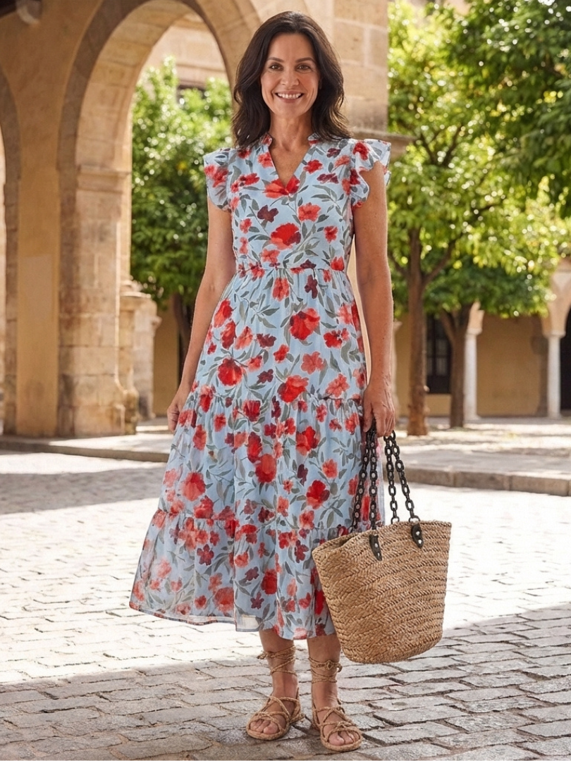 Lila | Abito midi a balze con scollatura a V floreale