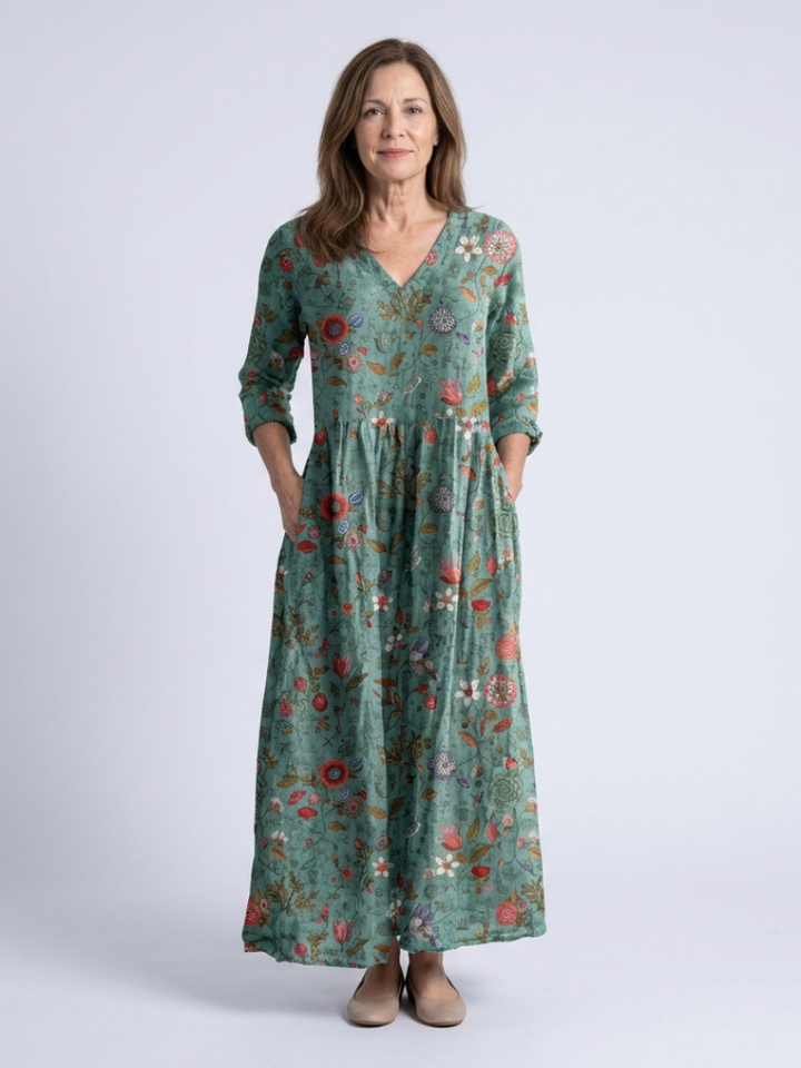 Marina | Abito Maxi a V Fiori con Maniche Tre Quarti