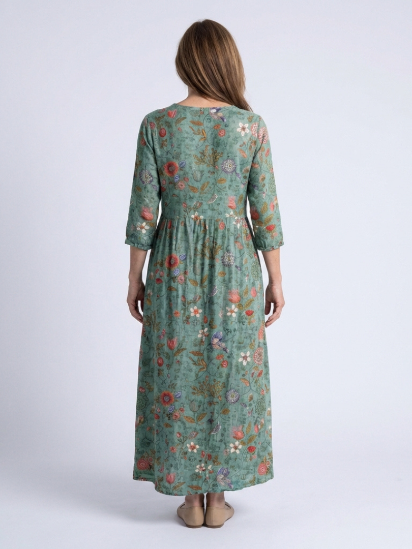 Marina | Abito Maxi a V Fiori con Maniche Tre Quarti