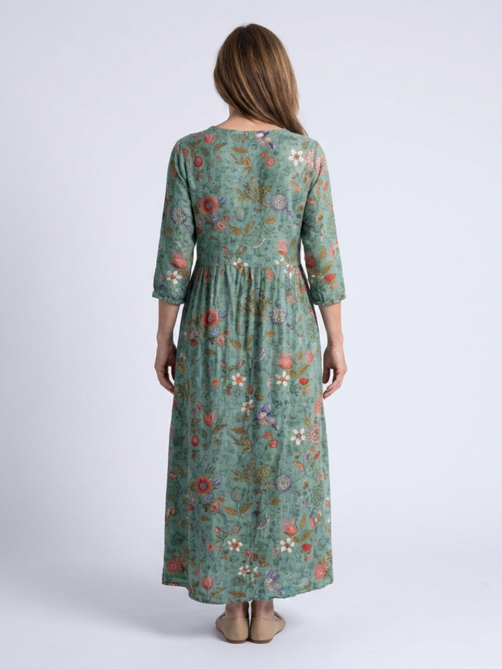 Marina | Abito Maxi a V Fiori con Maniche Tre Quarti