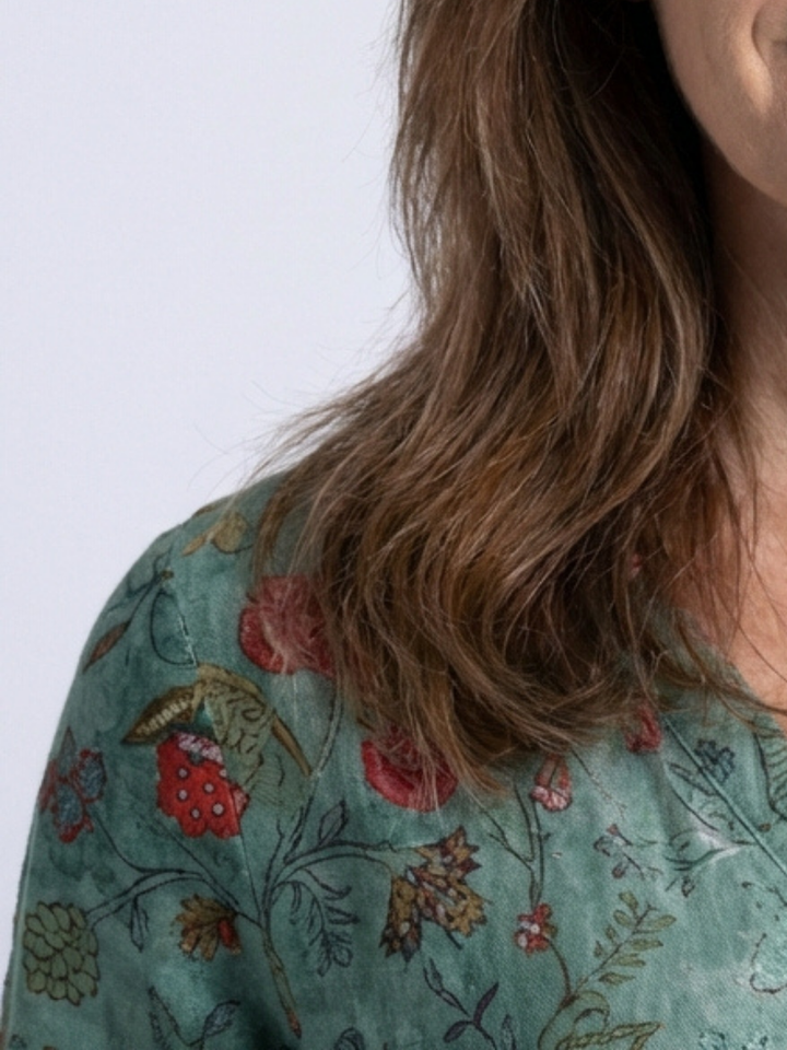 Marina | Abito Maxi a V Fiori con Maniche Tre Quarti