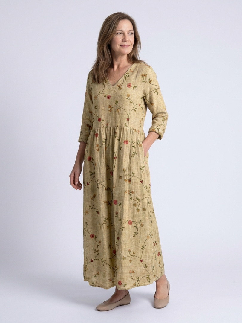 Marina | Abito Maxi a V Fiori con Maniche Tre Quarti