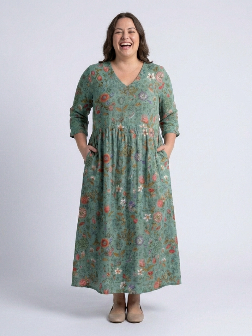 Marina | Abito Maxi a V Fiori con Maniche Tre Quarti