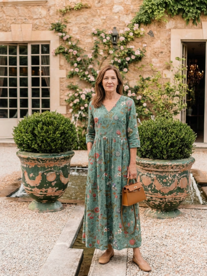 Marina | Abito Maxi a V Fiori con Maniche Tre Quarti