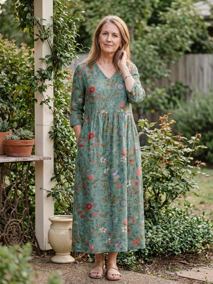Marina | Abito Maxi a V Fiori con Maniche Tre Quarti