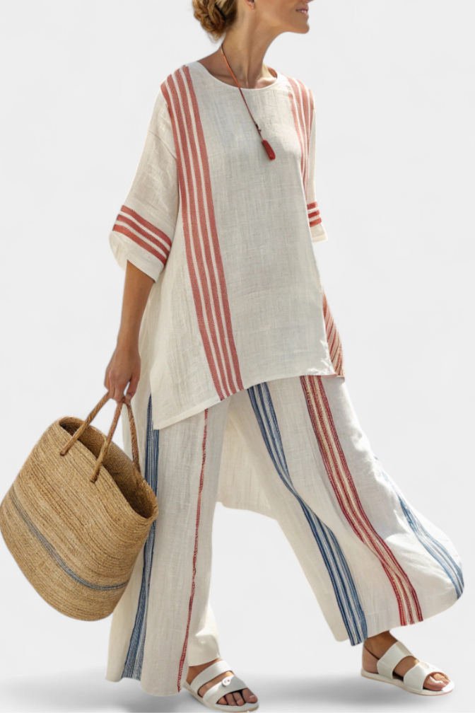 Ludovica – top a righe multicolore sofisticato e pantaloni mediterranei