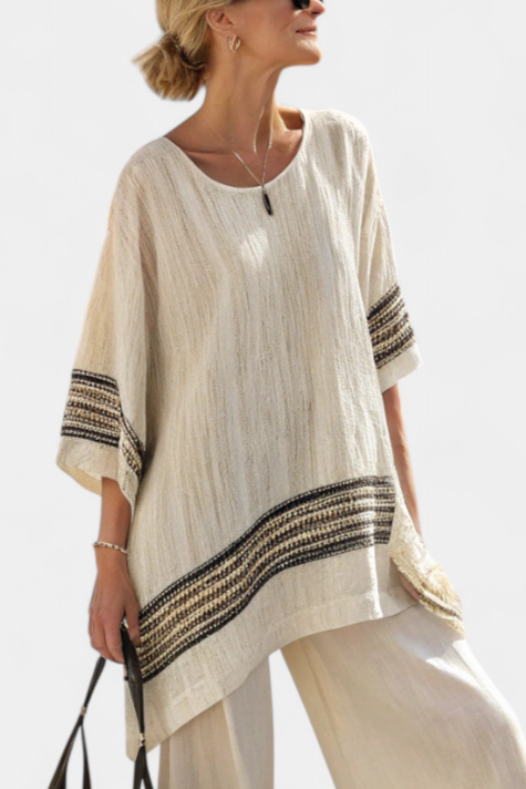 Mariella – top in lino a righe nere elegante e pantaloni fluidi