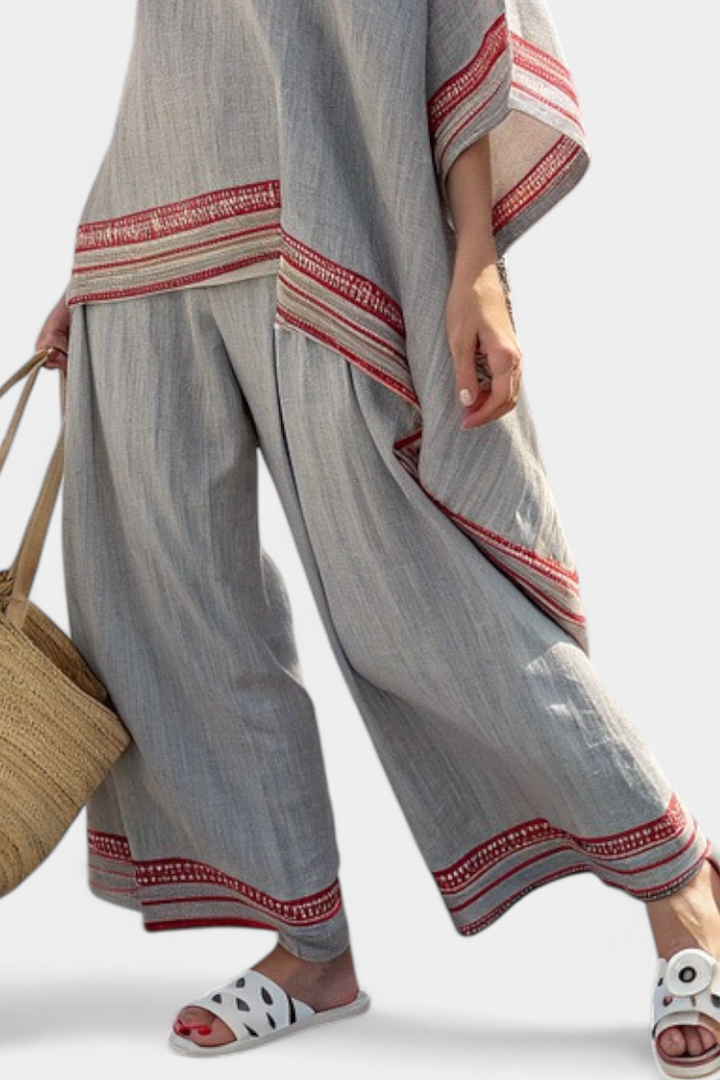 Rossella – blusa asimmetrica sofisticata e pantaloni etnici a gamba larga
