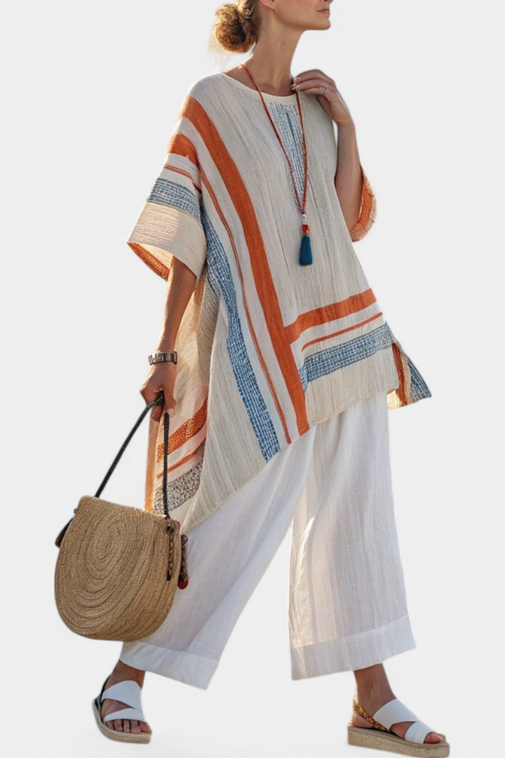 Loredana – blusa asimmetrica sofisticata e pantaloni in lino a gamba larga