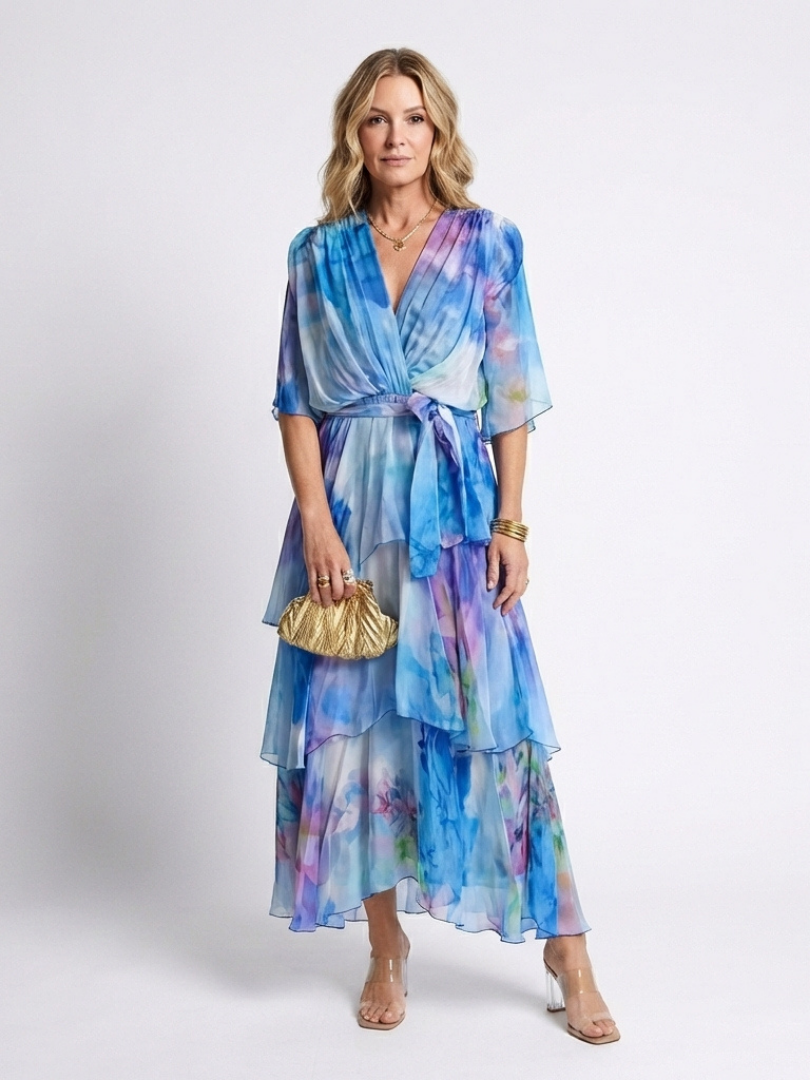 Calista | Abito Maxi V Neck a Strati Trasparente con Vita Legata
