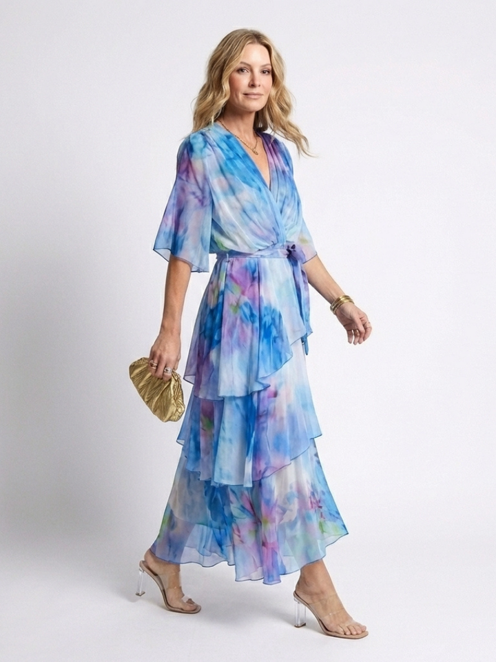 Calista | Abito Maxi V Neck a Strati Trasparente con Vita Legata