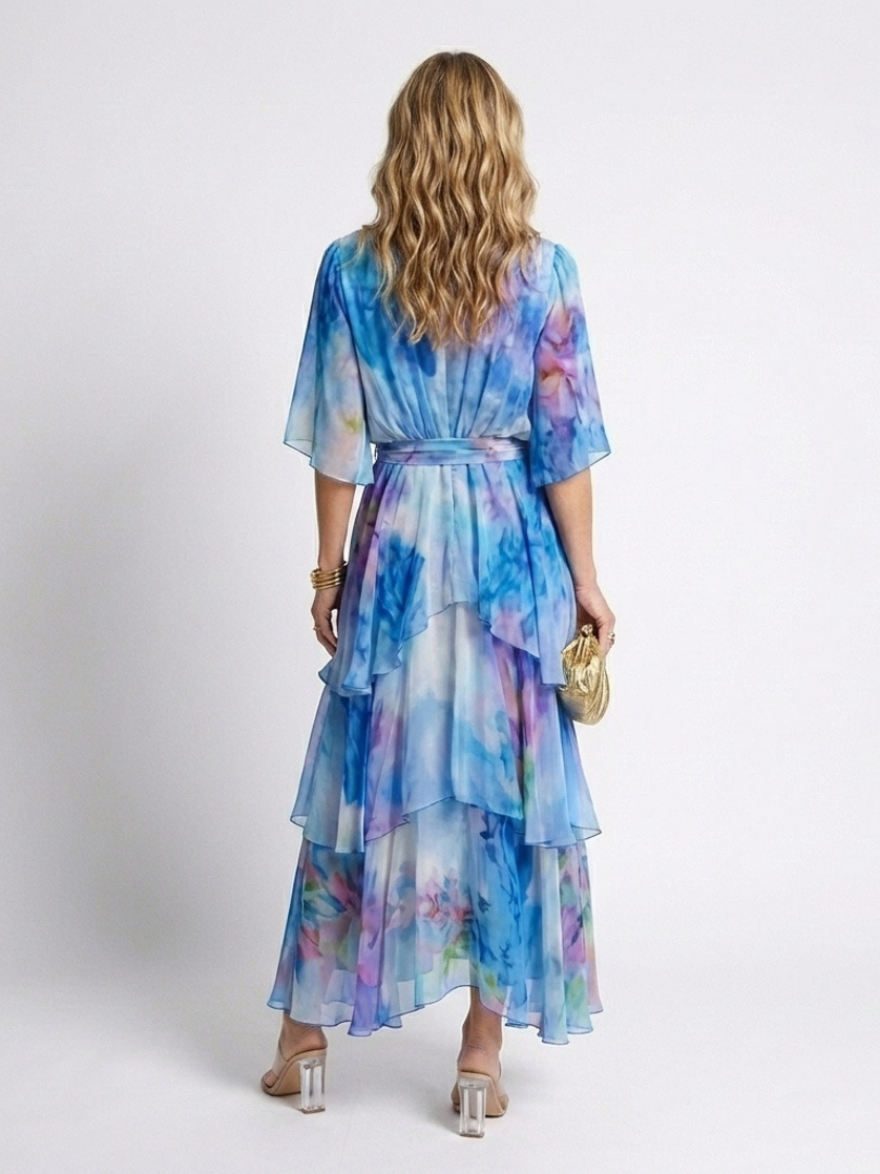 Calista | Abito Maxi V Neck a Strati Trasparente con Vita Legata
