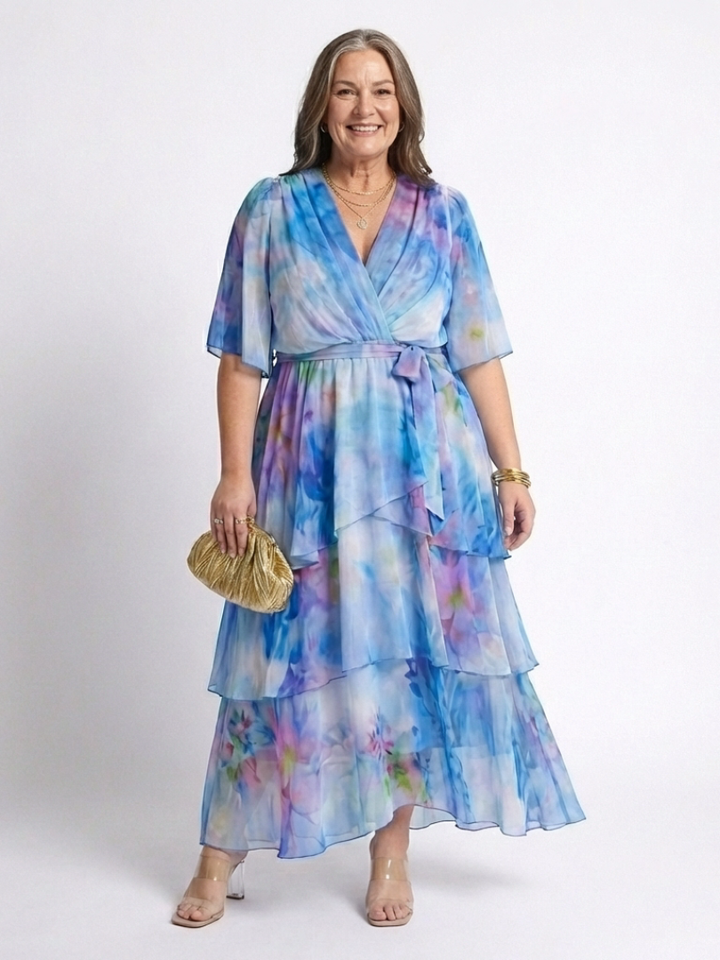 Calista | Abito Maxi V Neck a Strati Trasparente con Vita Legata