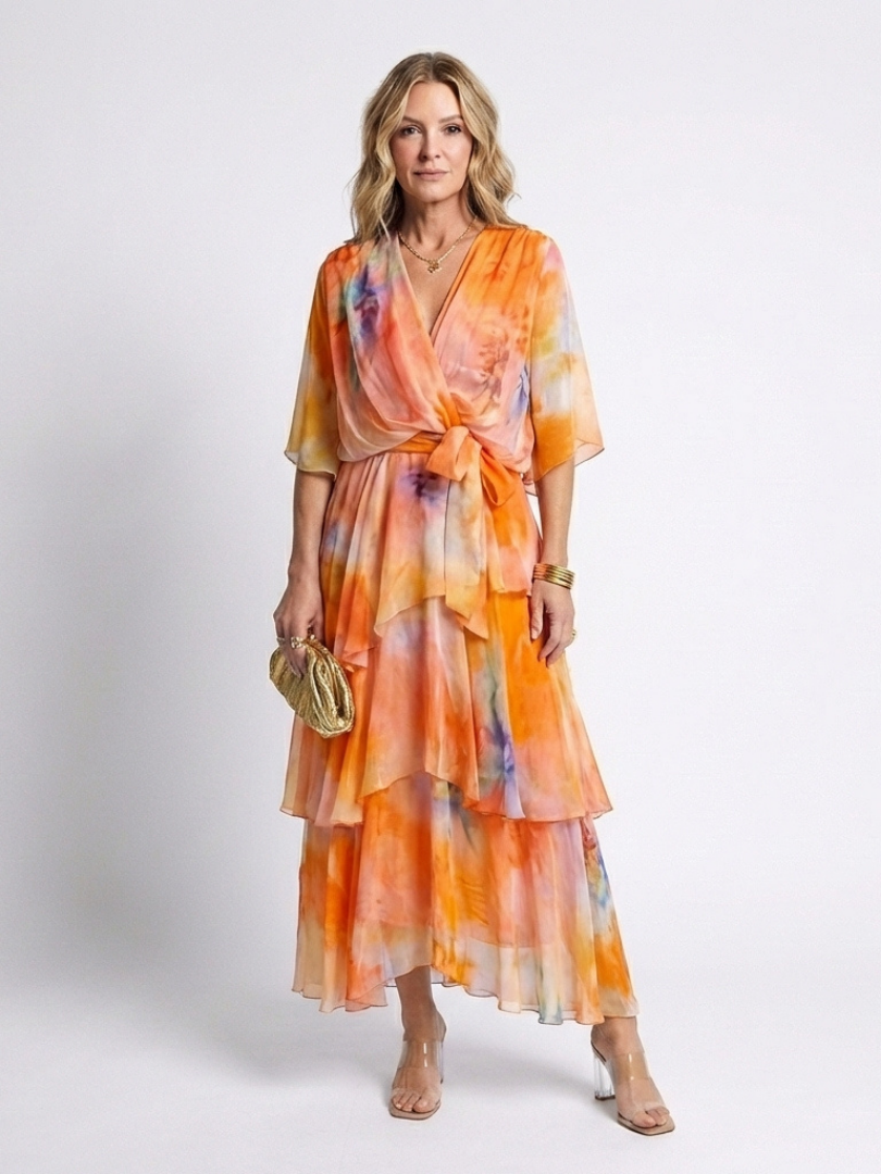 Calista | Abito Maxi V Neck a Strati Trasparente con Vita Legata