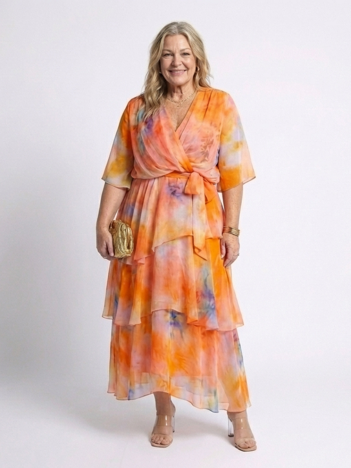 Calista | Abito Maxi V Neck a Strati Trasparente con Vita Legata