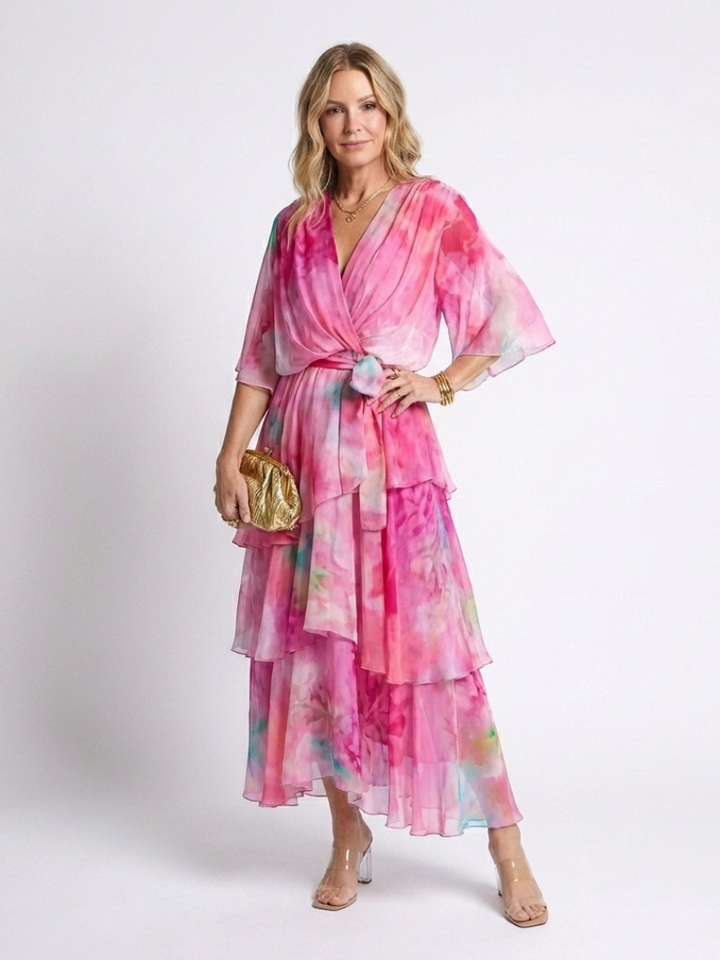 Calista | Abito Maxi V Neck a Strati Trasparente con Vita Legata