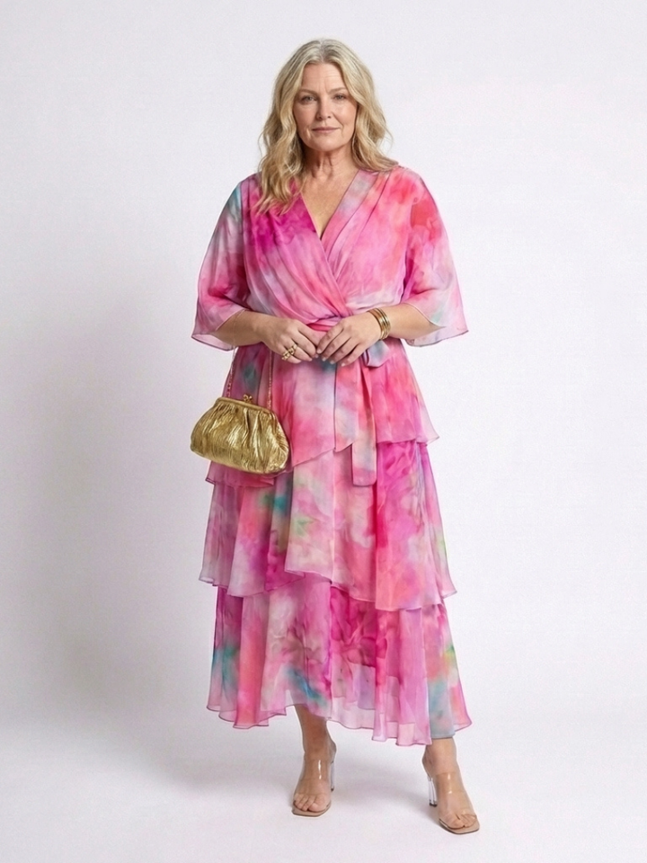Calista | Abito Maxi V Neck a Strati Trasparente con Vita Legata