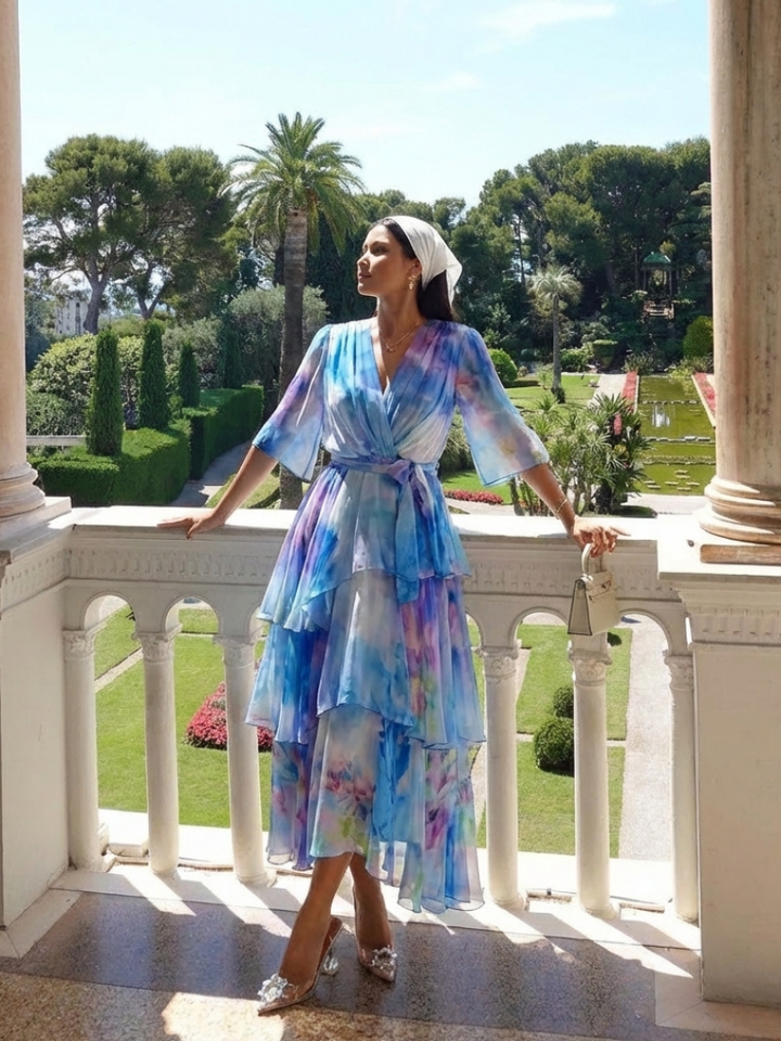 Calista | Abito Maxi V Neck a Strati Trasparente con Vita Legata