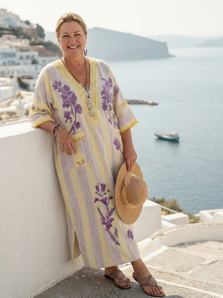 Aurelia | Vestito Maxi a Maniche Corte con Scollatura a V e Fantasia a Righe e Fiori