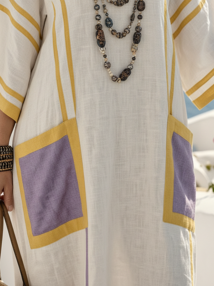 Zafira | Vestito Maxi a V con Maniche Corte e Tasche