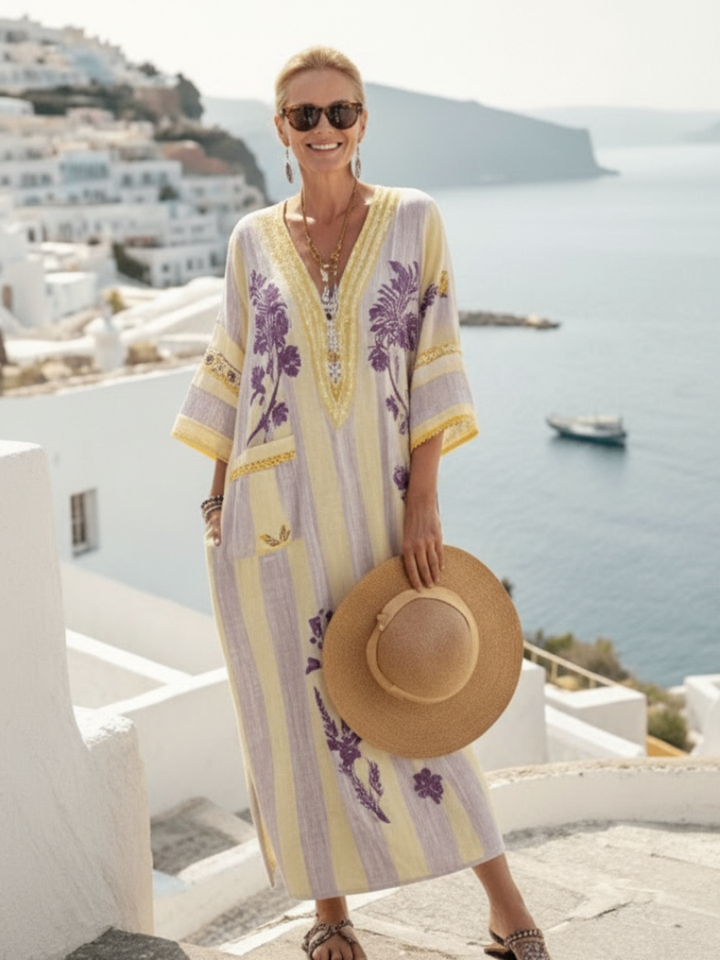 Aurelia | Vestito Maxi a Maniche Corte con Scollatura a V e Fantasia a Righe e Fiori
