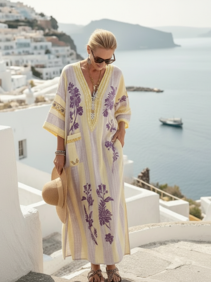 Aurelia | Vestito Maxi a Maniche Corte con Scollatura a V e Fantasia a Righe e Fiori