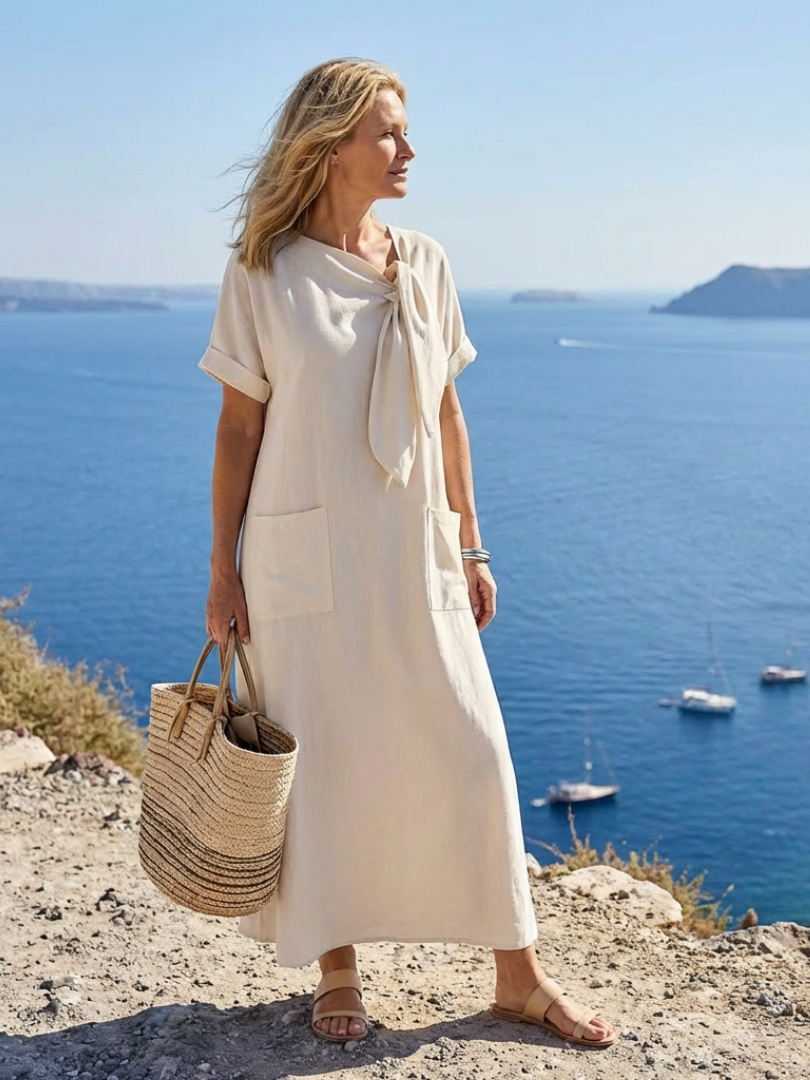 Elowyn | Abito Maxi con Collo Rotondo e Maniche Corte con Tasche