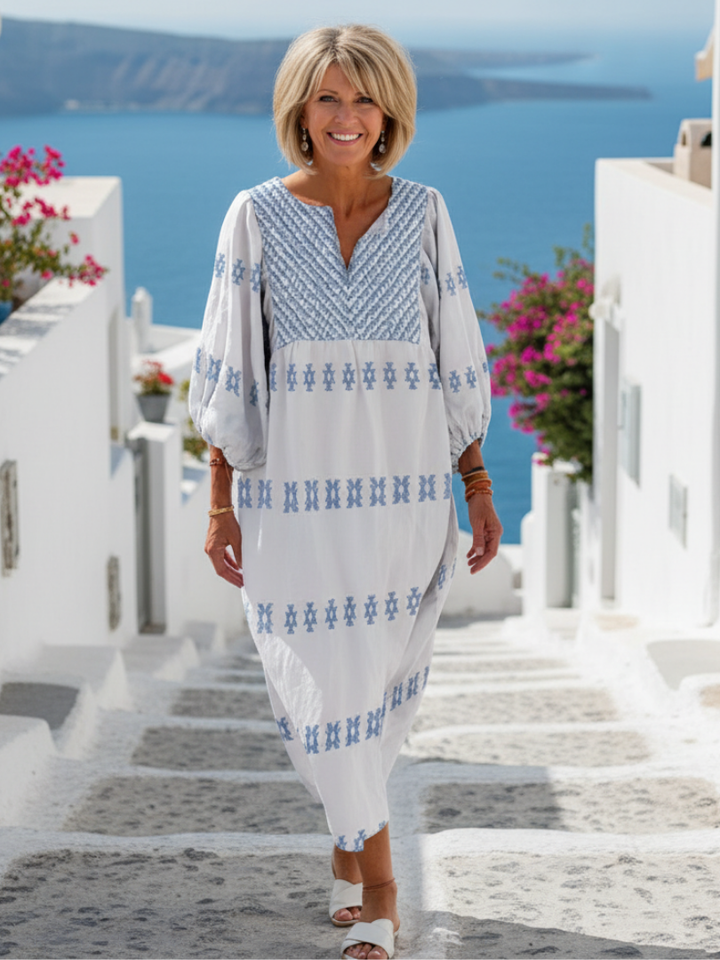 Evadne | Vestito Maxi Ricamato con Maniche Lunghe e Scollo a V