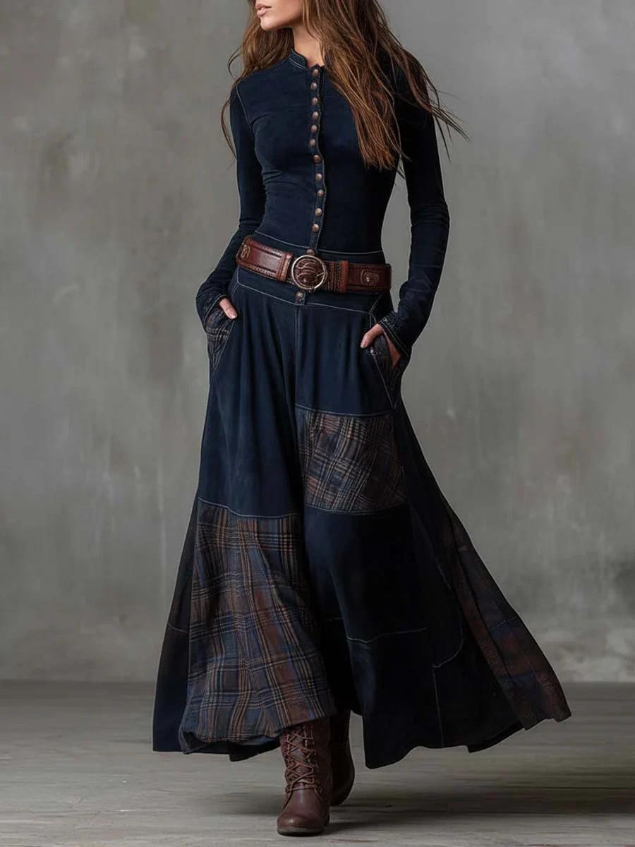 Leonora | Abito Lungo Vintage in Velluto Blu Marino (Include Cintura)