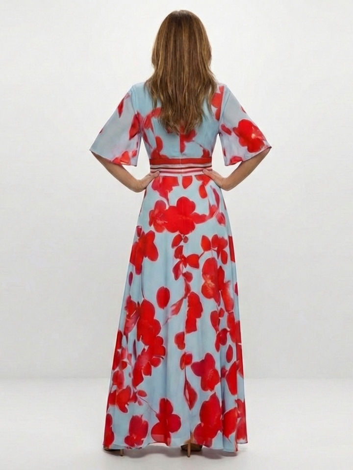 Corinne | Vestito Maxi Floreale con Maniche Corte a V