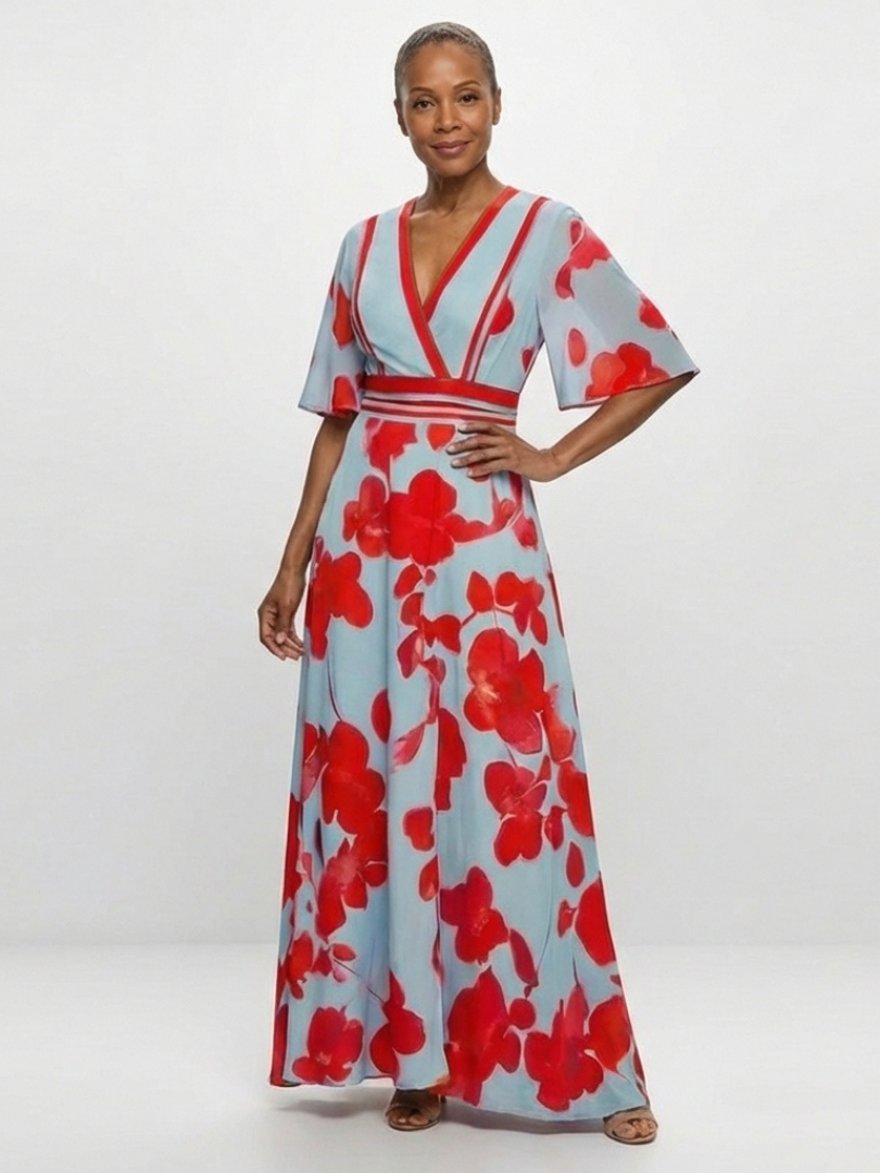 Corinne | Vestito Maxi Floreale con Maniche Corte a V