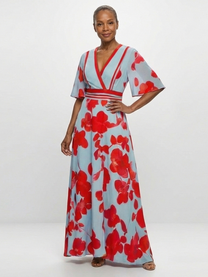 Corinne | Vestito Maxi Floreale con Maniche Corte a V