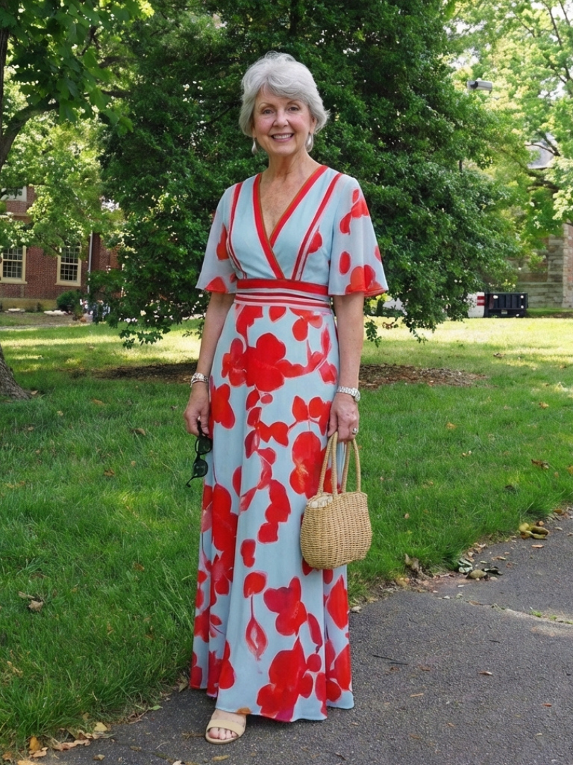 Corinne | Vestito Maxi Floreale con Maniche Corte a V