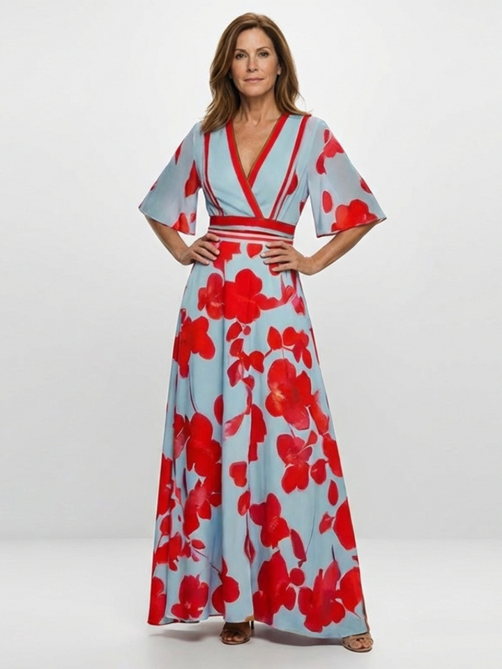 Corinne | Vestito Maxi Floreale con Maniche Corte a V