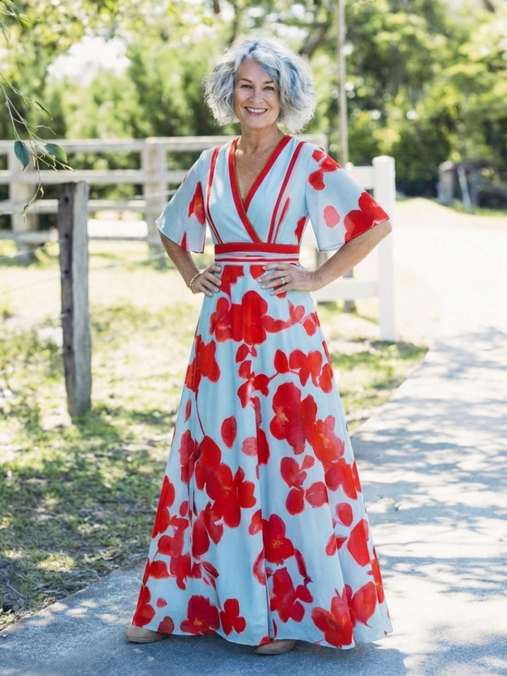 Corinne | Vestito Maxi Floreale con Maniche Corte a V