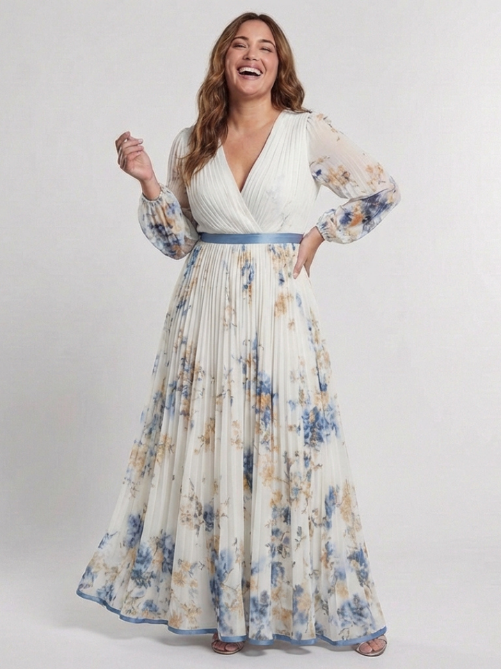 Lavinia | Abito Maxi a Maniche Lunghe con Scollatura a V e Fantasia Floreale