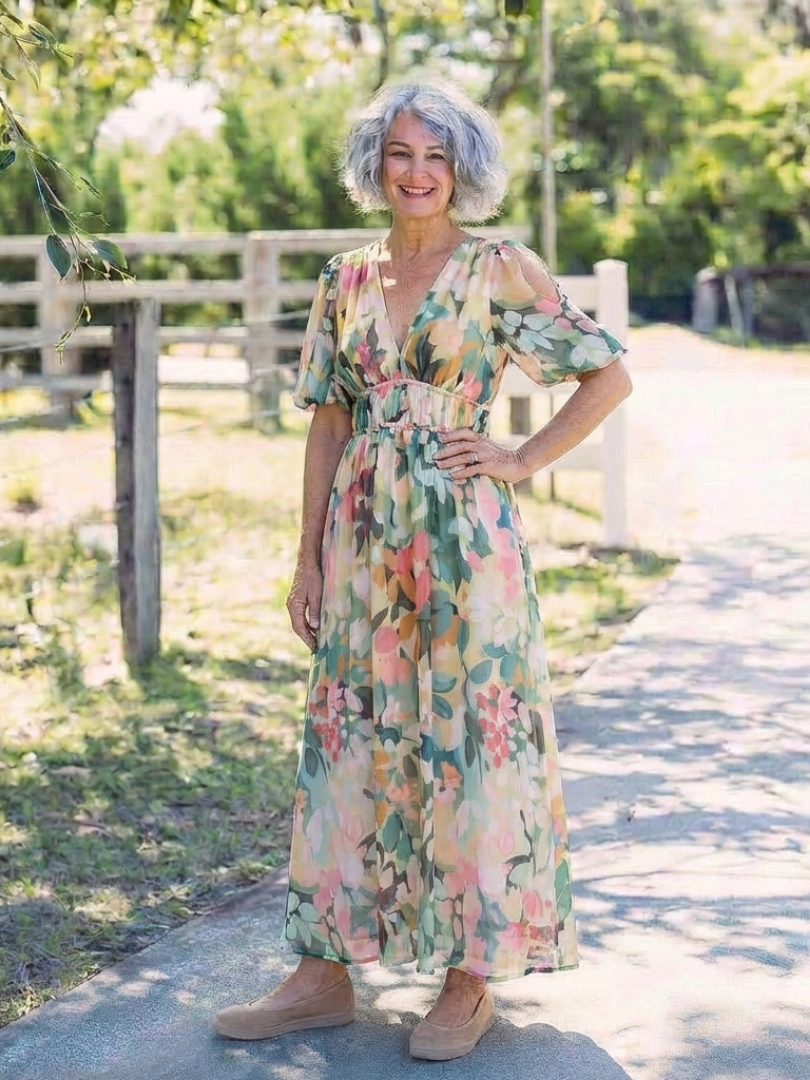 Eulalie | Abito Midi a Maniche Corte con Scollo a V e Vita Arricciata
