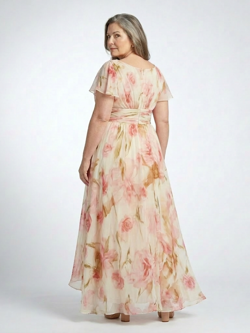 Elara | Abito Maxi Floreale con Scollatura a V e Maniche Corte
