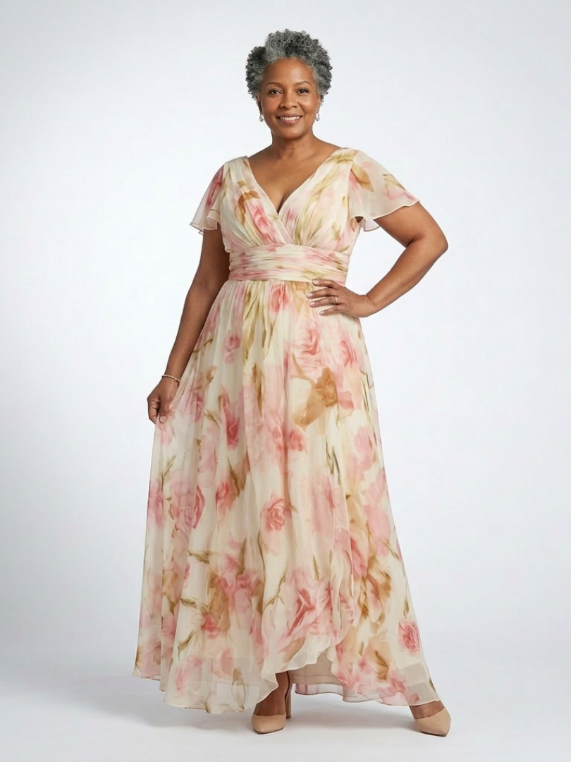 Elara | Abito Maxi Floreale con Scollatura a V e Maniche Corte
