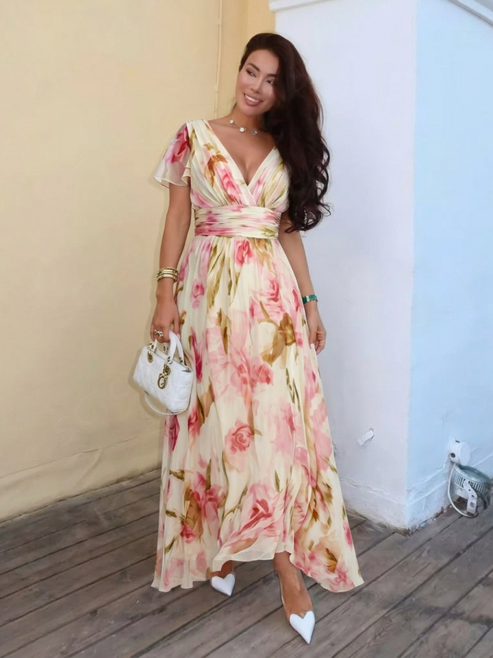 Elara | Abito Maxi Floreale con Scollatura a V e Maniche Corte