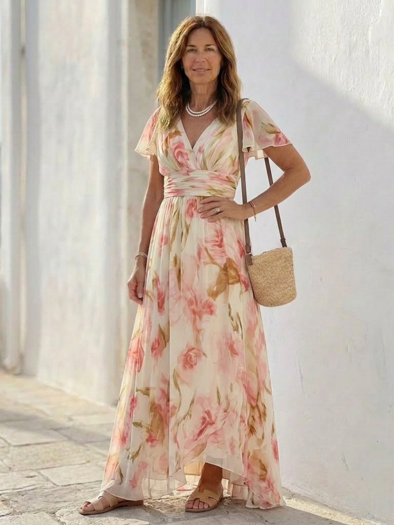 Elara | Abito Maxi Floreale con Scollatura a V e Maniche Corte