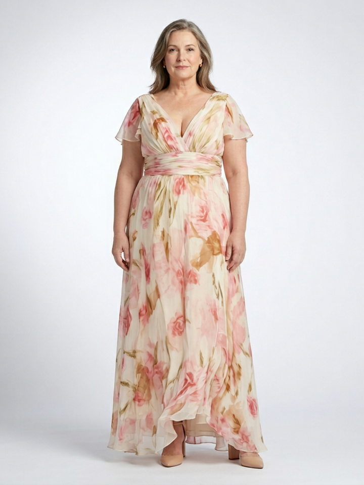 Elara | Abito Maxi Floreale con Scollatura a V e Maniche Corte