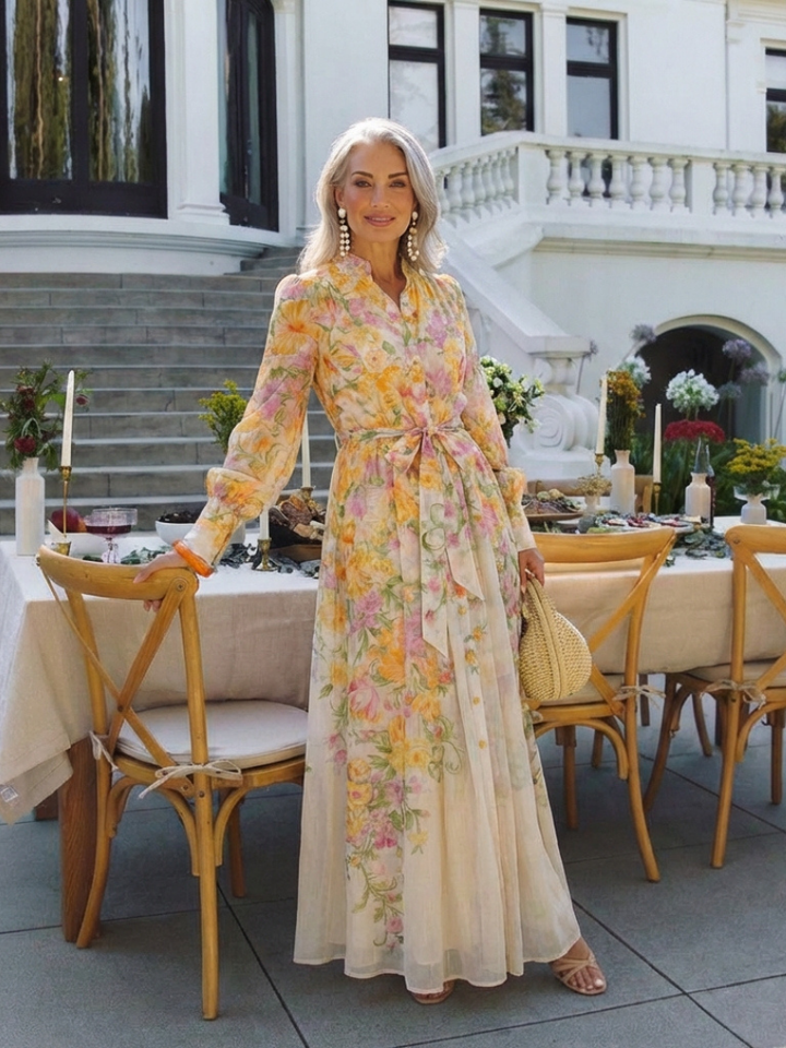 Cressida | Abito Maxi Lungo Floreale con Maniche Lunghe Trasparenti